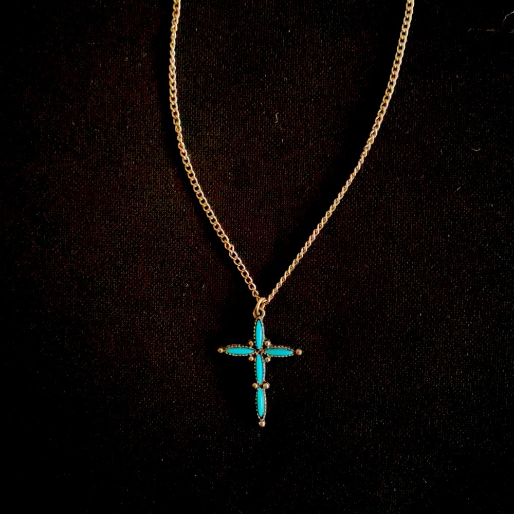 This is a Vintage Faux Turquoise Cross Necklace Deep turquoise silver base